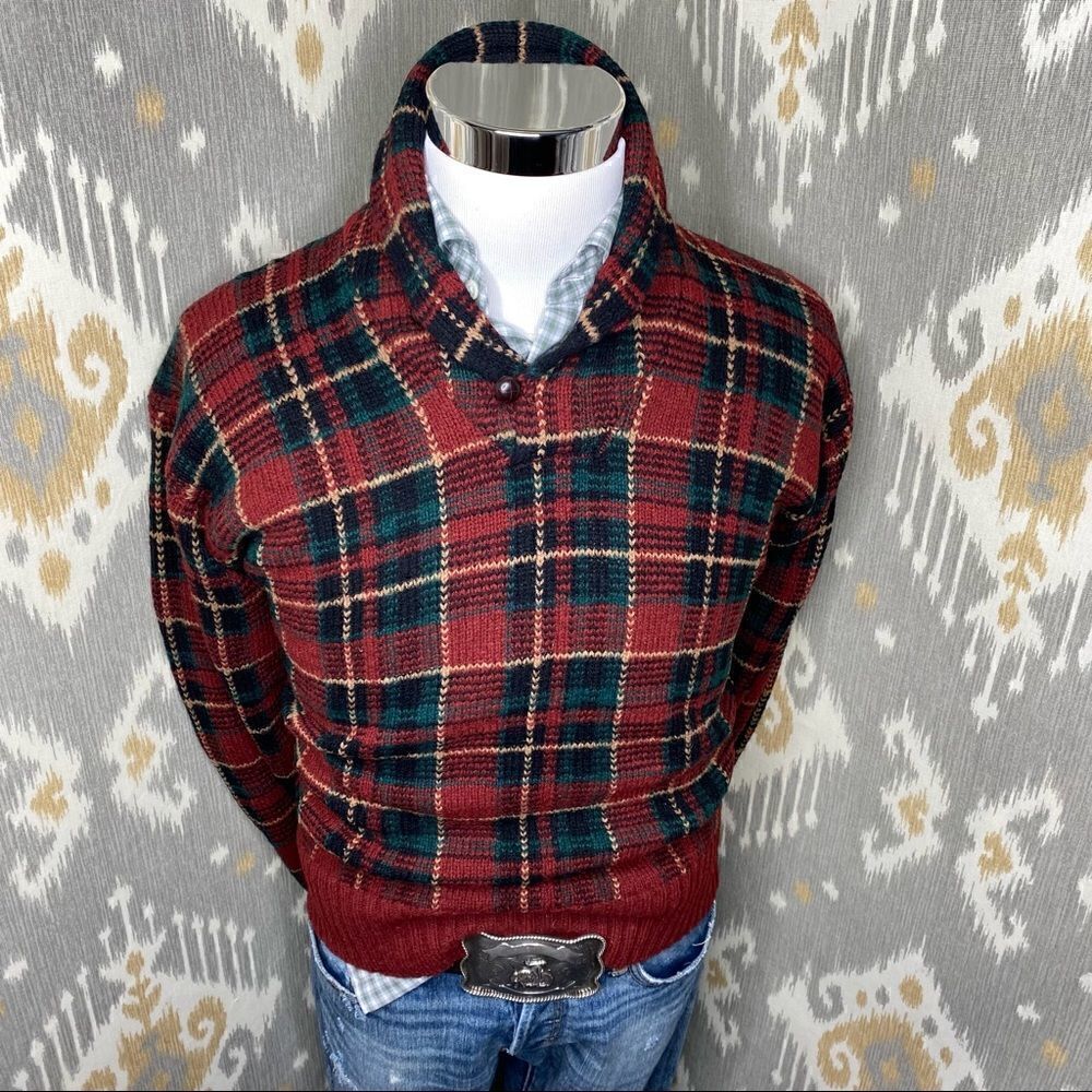 Polo Ralph Lauren Red & Green Multi Tartan Plaid Shawl Collar L/S Sweater - Picture 3 of 16